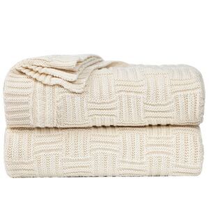 100% Cotton Cable Knit Throw Blanket Sofa Throw Blankets 47"x 70" Beige
